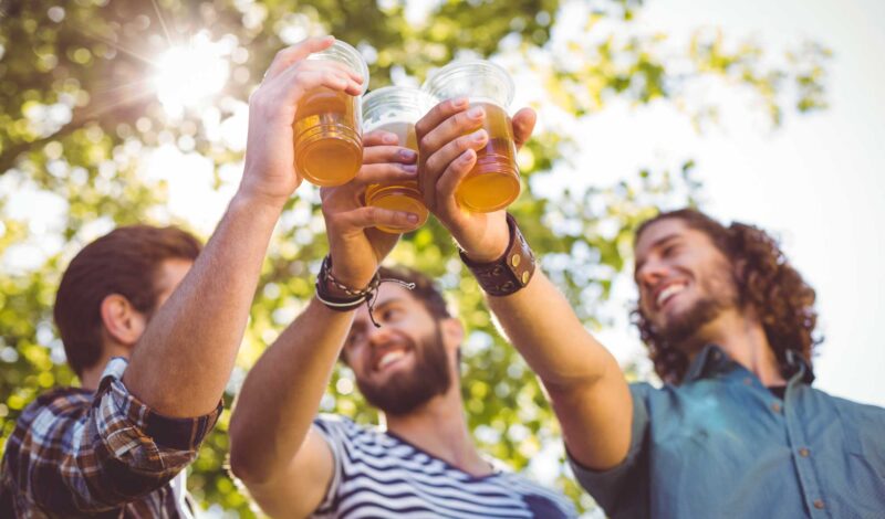 Drei Männer stoßen in der Natur mit Bier an.