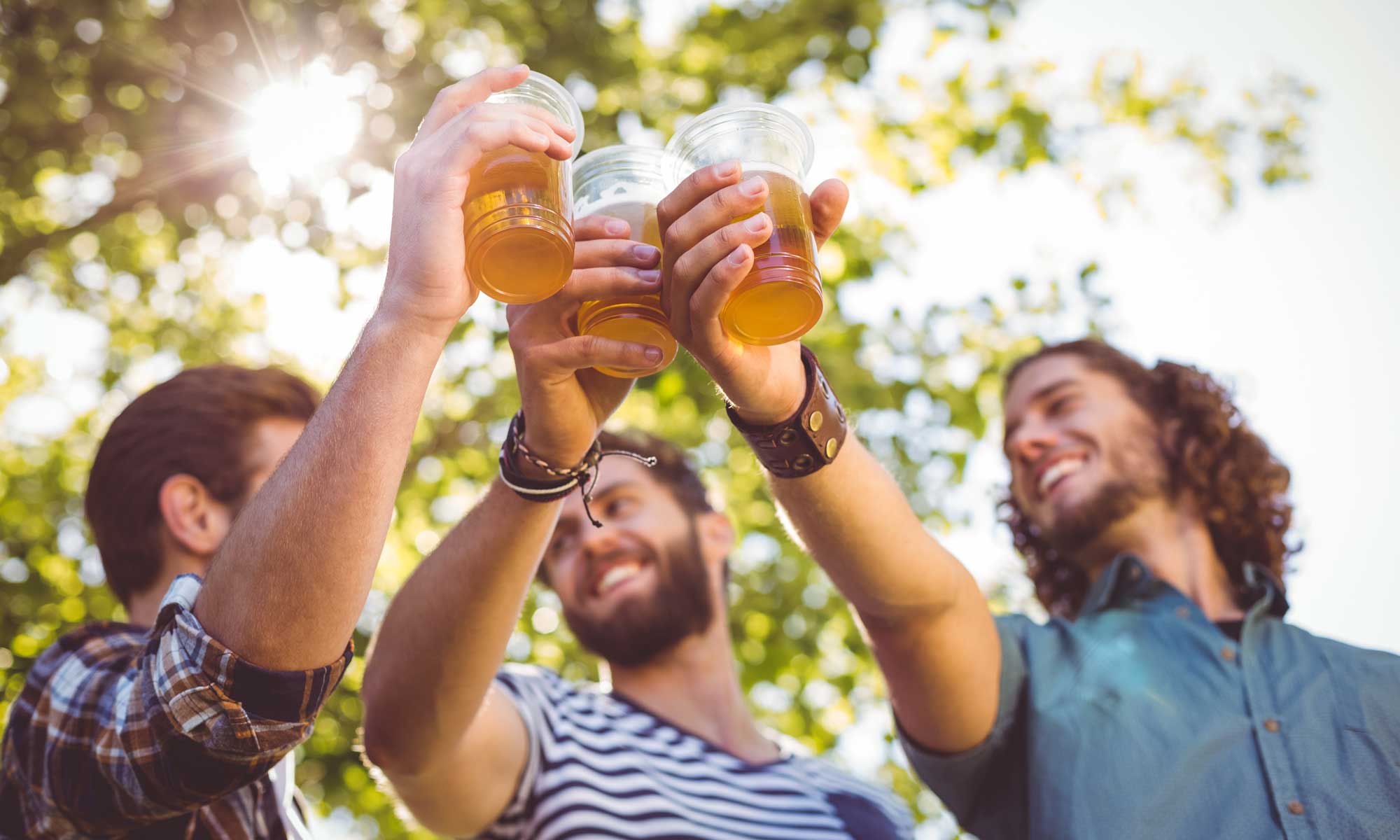 Drei Männer stoßen in der Natur mit Bier an.