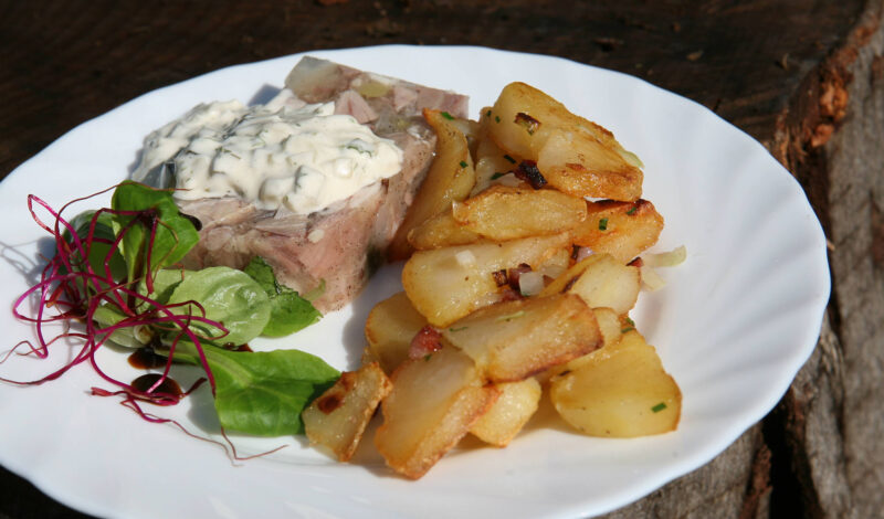 Sülze mit Remouladensauce, Bratkartoffeln und Salat auf einem Teller