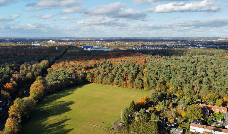 Luftbild, dass die Siedlung Kunstfeld im Kölner Stadtteil Dünnwald zeigt.