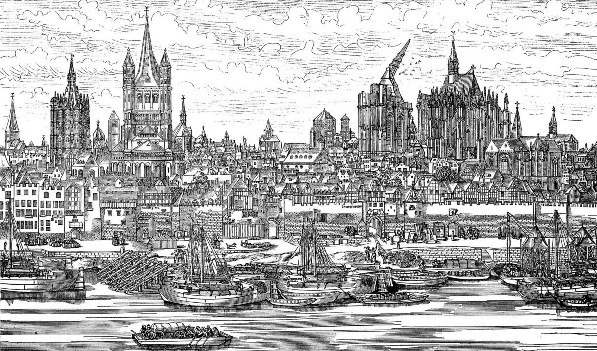 Das Bild zeigt einen Holzstich, der Köln und den Dom im Jahre 1531 zeigt.