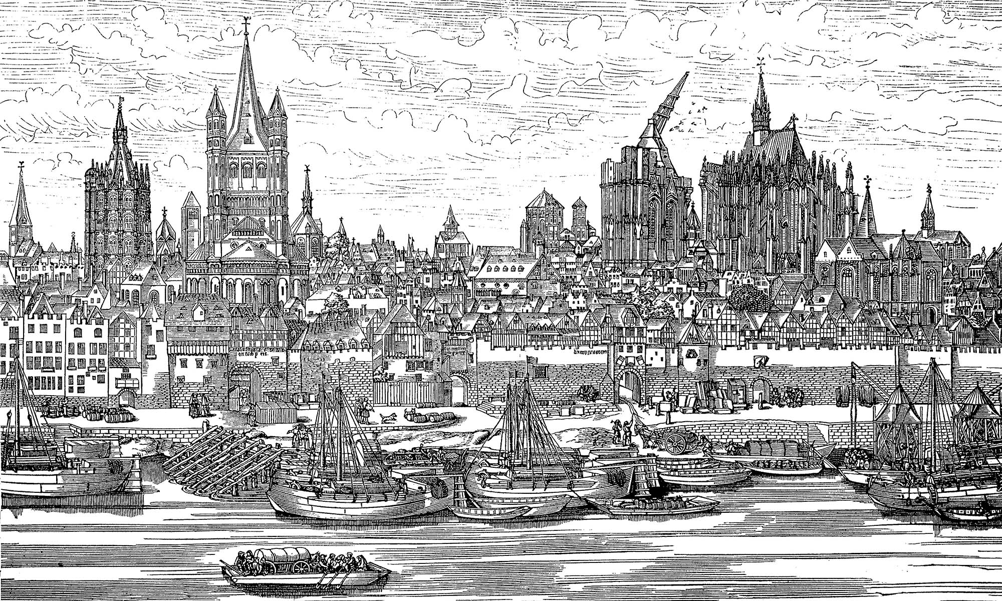 Das Bild zeigt einen Holzstich, der Köln und den Dom im Jahre 1531 zeigt.