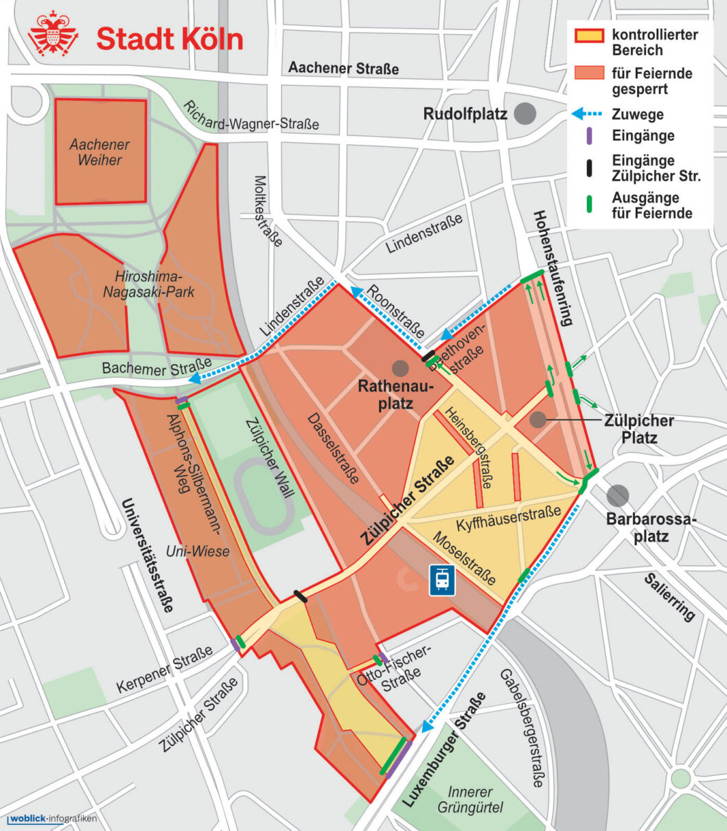 Der Stadtplanausschnitt zeigt das Kwartier Latäng mit Sperrungen am 11.11. in Köln