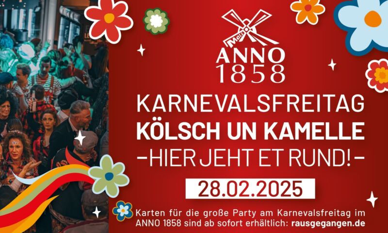 Flyer für die Party Kölsch und Kamelle am Karnevalsfreitag im Anno 1858