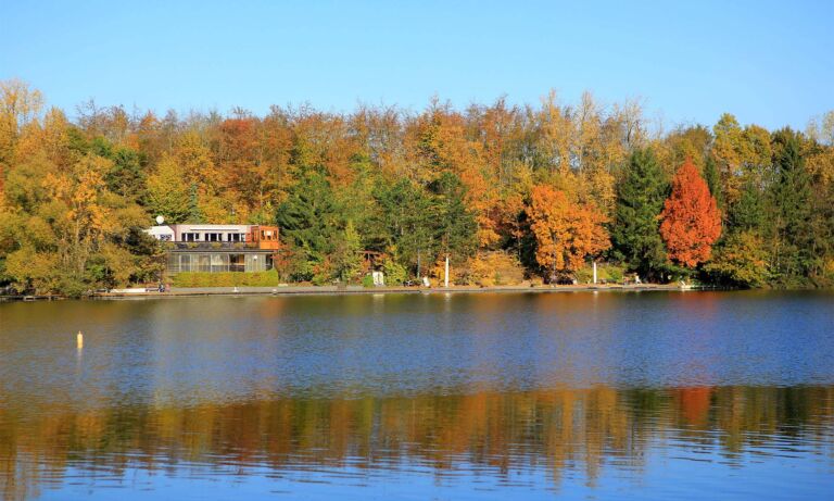 Der Heider Bergsee im Herbst mit buntgefärbten Bäumen