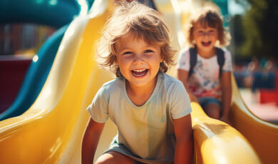 Kinder spielen auf einer Rutsche